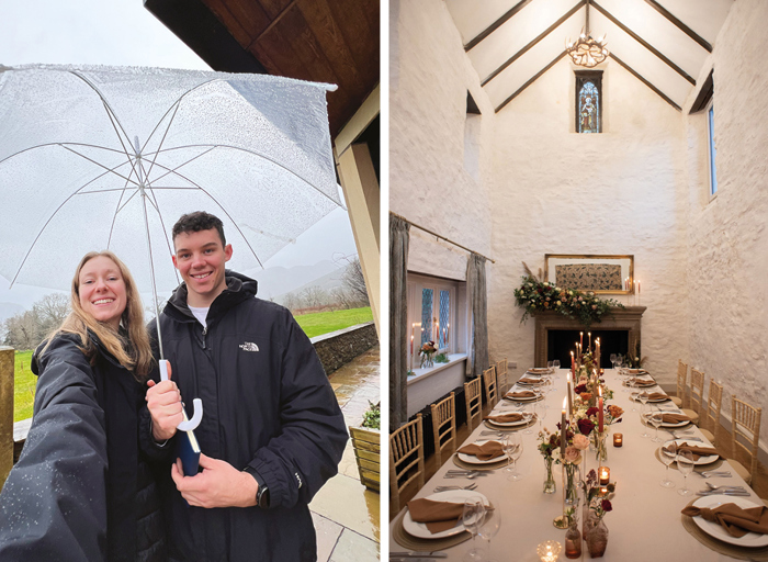 A selfie of a man and woman stood in the rain under a clear umbrella, beside an image of a small chapel set with a long candle-lit dining table