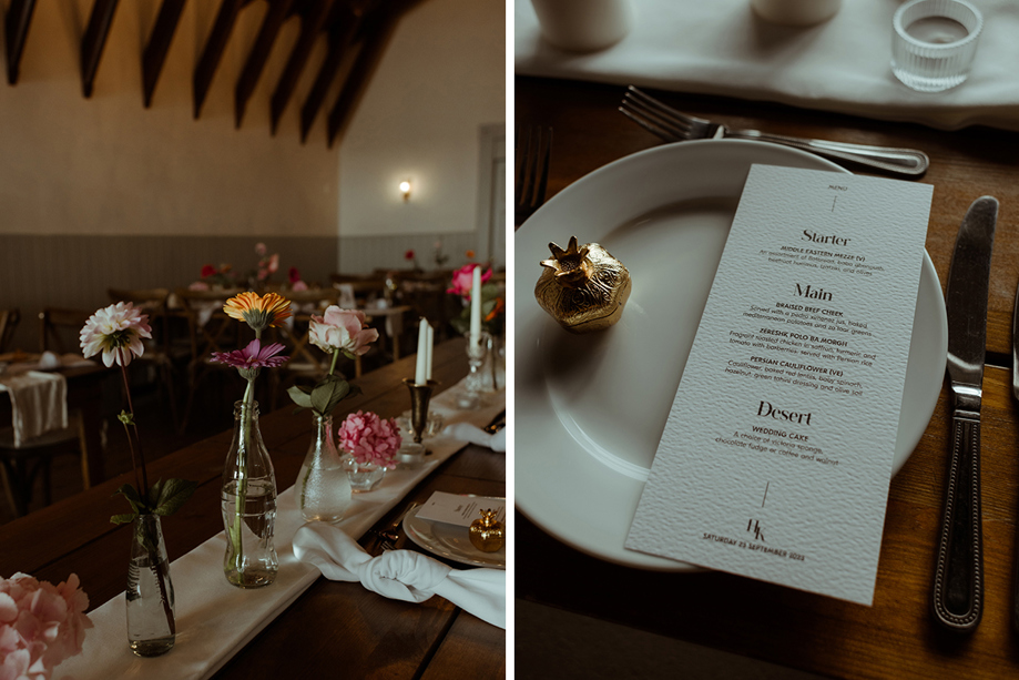 Colourful Flower Stems In Glass Bottles Sitting On A Table And A Detail Of A Printed Wedding Menu On A Plate