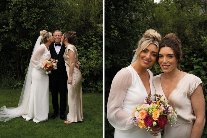 Bride and bridesmaid kiss father's cheek in one image, in other bride and bridesmaid smile 