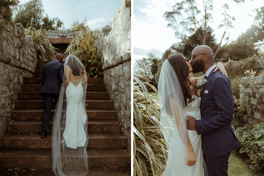 Bride And Groom Walking On Steps And Kissing