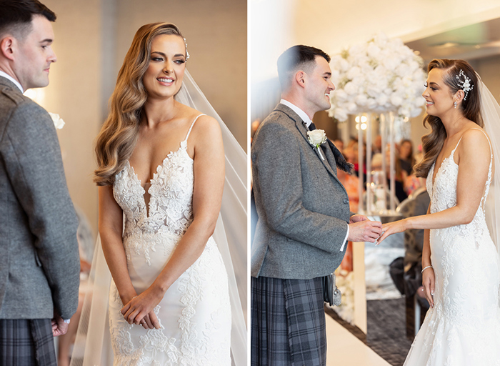 bride and groom standing and exchanging rings during a wedding ceremony