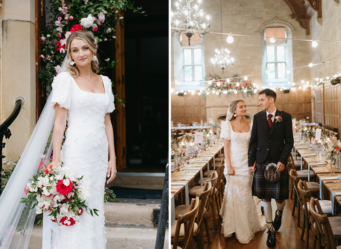 on the left a bride faces the camera holding her red and white bouquet by her side, on the right a bride and groom walk in between two long tables