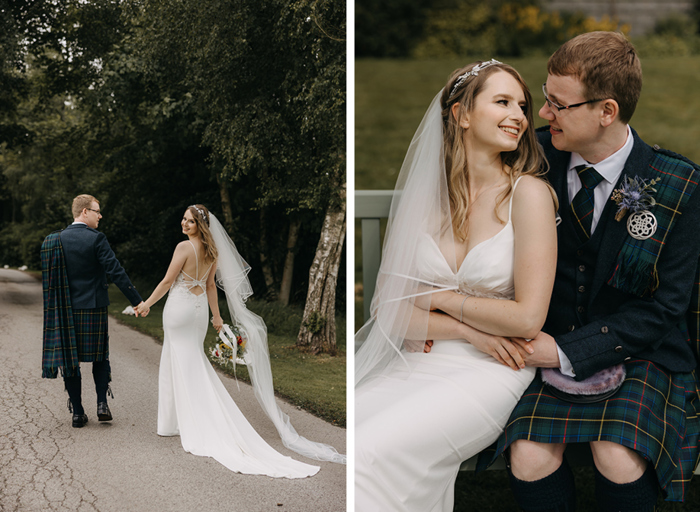 Two photos; on the left a couple walk away from the camera with the bride looking back at the camera, on the right a bride and groom sit on a bench and look lovingly at each other