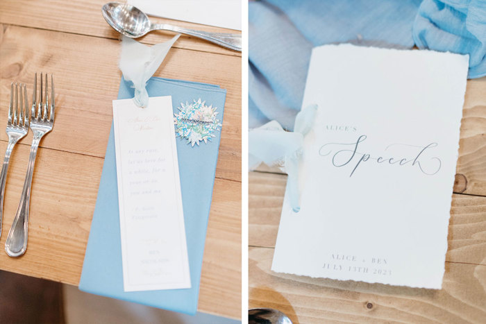 a bookmark on a blue napkin on the left and a piece of card with blue ribbon with text that reads 'Alice's Speech' on the right