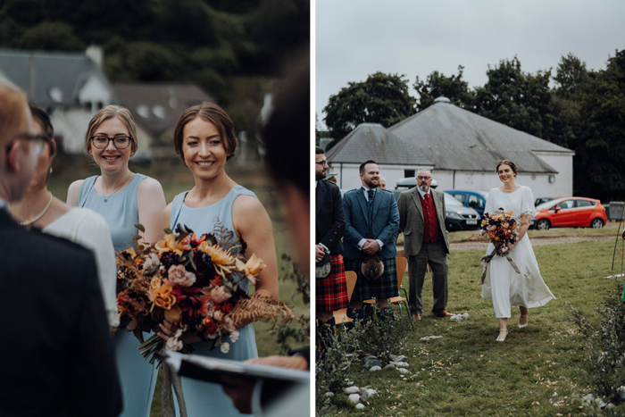 Shot of bridesmaids and one of bride walking herself down the aisle