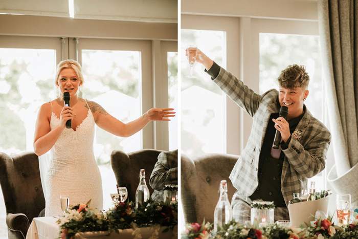 Brides smile during their wedding speeches