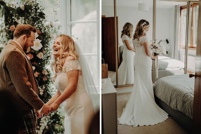 Bride and groom hold hands during the ceremony and second image shows bride in her dress on the wedding morning