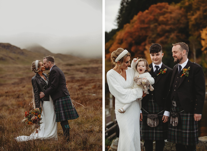 a bride and groom standing kissing on left amid autumn scenery. A family group portrait of bride, groom and children on right