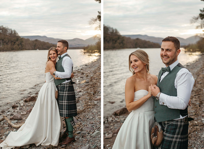 portraits of a smiling bride and groom standing on a stony riverbank