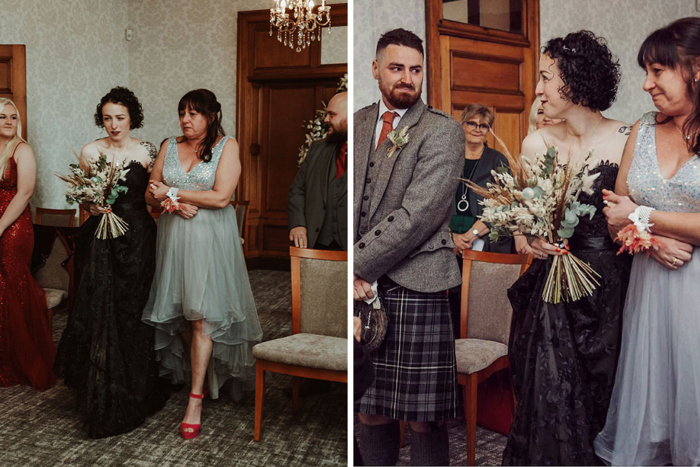 Bride is walked down the aisle by her mum and image shows bride and groom seeing each other for the first time