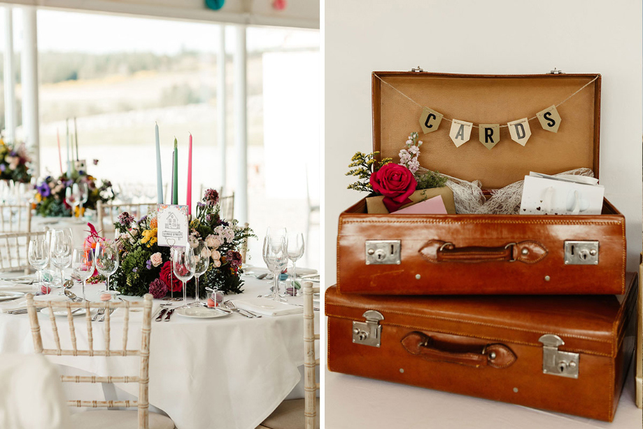 Table settings and trunk open filled with wedding cards