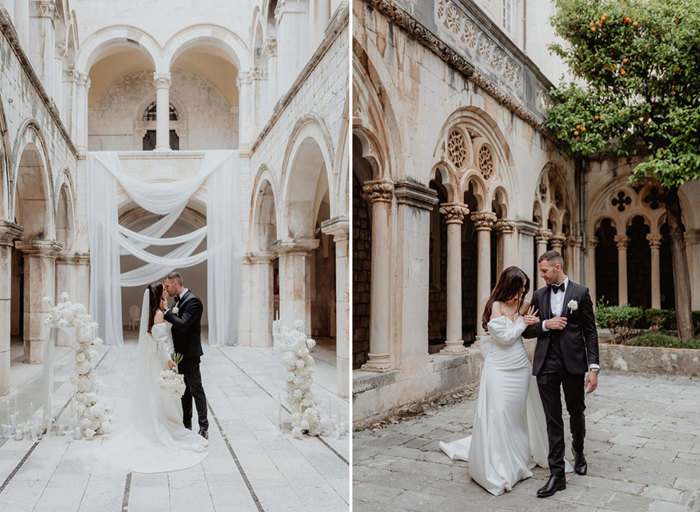 A couple in formal attire kissing in Sponsa Palace in Dubrovnik on left. A woman wearing a white dress and man wearing a black tuxedo walk arm and arm below an orange tree outside a church