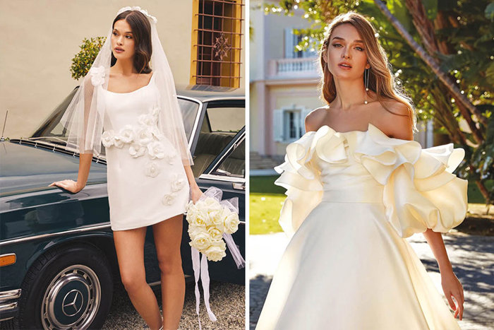 two women in wedding dresses