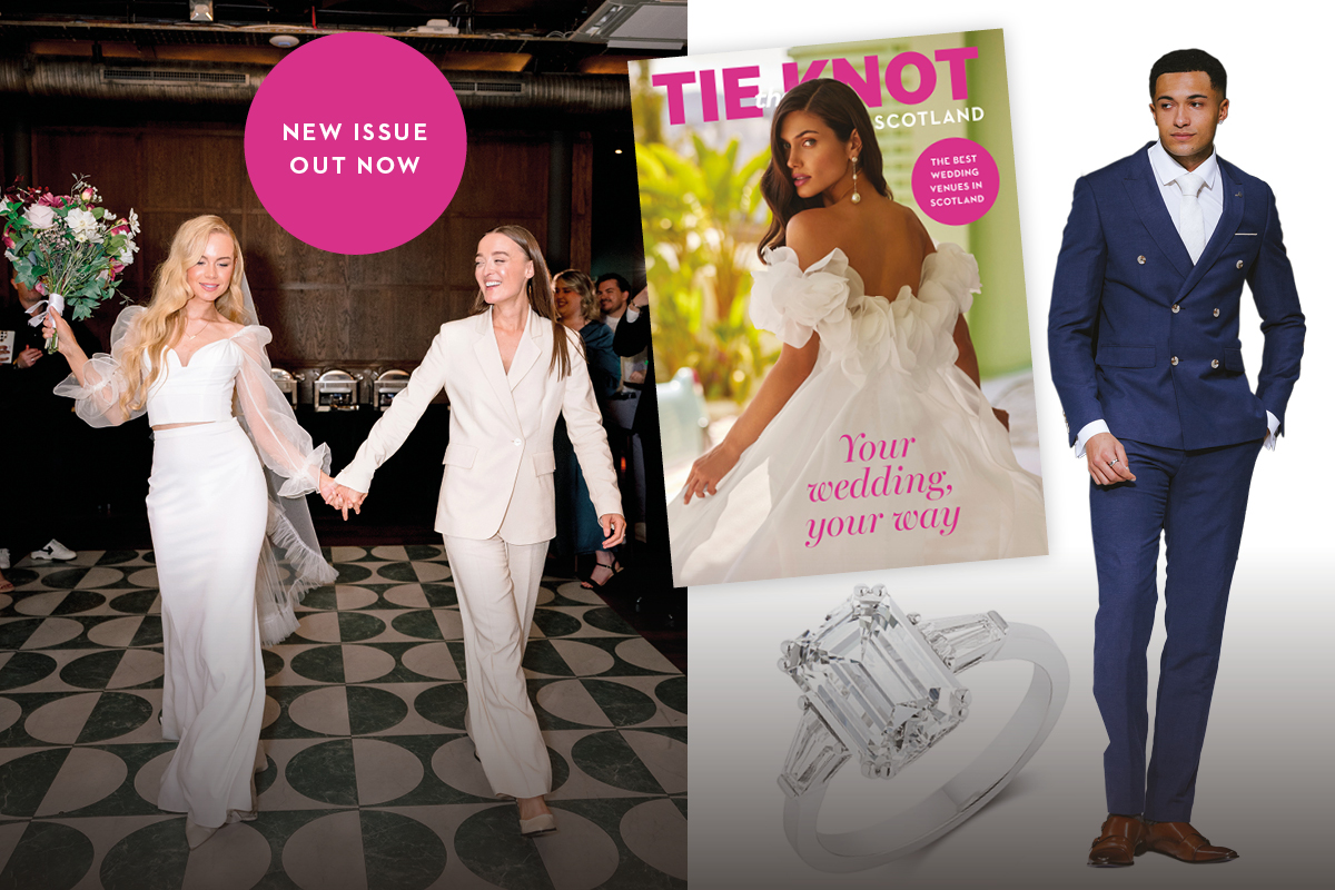 A collage of wedding-related images including two brides celebrating at The Exchange in Glasgow, a groom wearing a navy suit, a lab grown diamond ring and magazine cover