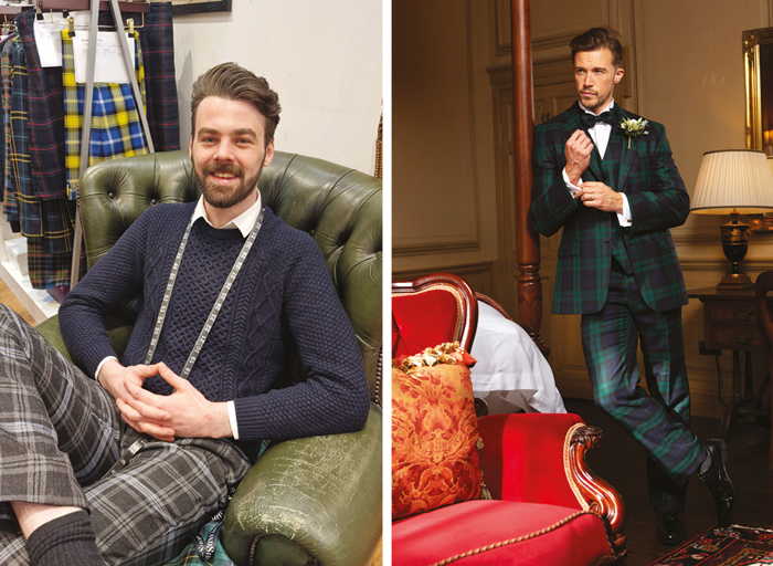 On the left is a smiling man wearing tartan trousers sitting in green arm chair; right is a man in a full tartan suit standing next to a red armchair and cushion