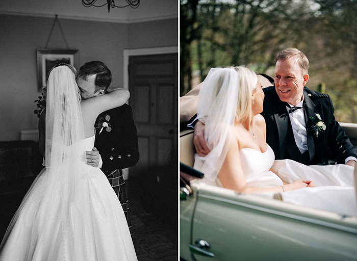 a bride embracing a man on left. A bride and a man sitting in the back seat of a pale green open top car on right.