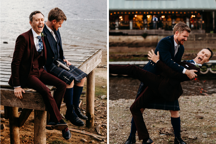 Grooms have a laugh during couple portraits at Venachar Lochside