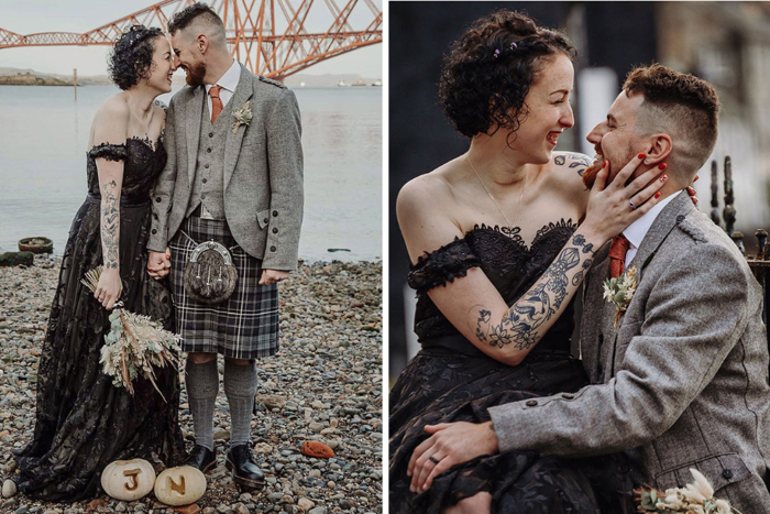 Couple portraits next to the water with Forth Bridge in the background