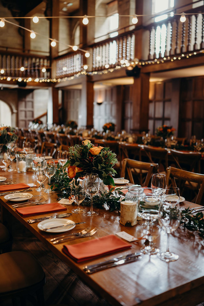 A table set for a wedding dinner at Achnagairn Castle