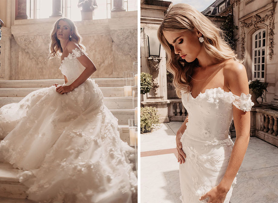 a model wearing a floral applique wedding dress sitting on a marble staircase (on left) and standing in a courtyard amid ornate buildings (on right)