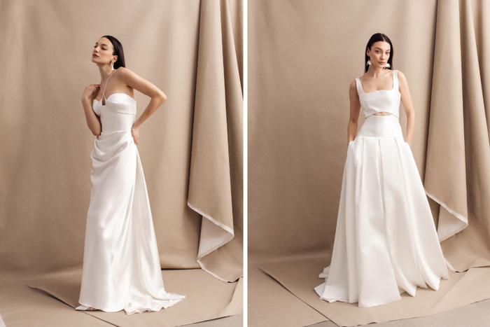 side by side images of the same bride in a white long gown on taupe background