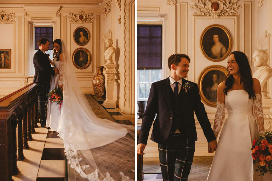 A Bride And Groom Posing For Photos Against An Ornate Plaster Wall And Staircase At Pollok House In Glasgow