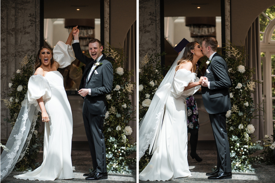 On left is bride and groom just married holding hands in air in celebration and on right is bride and groom kissing