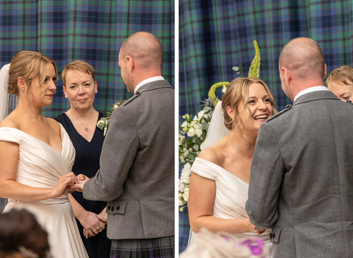 A bride and groom holding hands during their ceremony