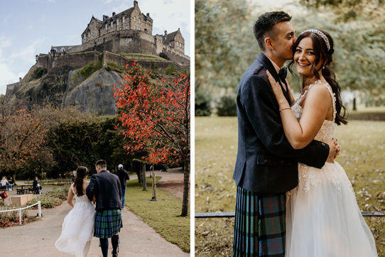 Bride and groom walk around park with view of Edinburgh castle
