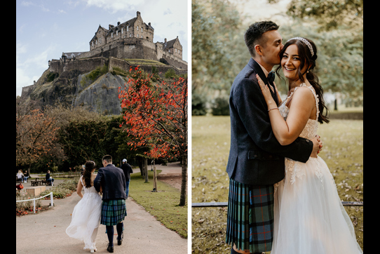 Bride and groom walk around park with view of Edinburgh castle