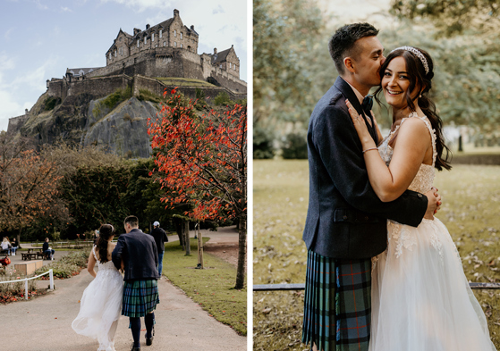 Bride and groom walk around park with view of Edinburgh castle