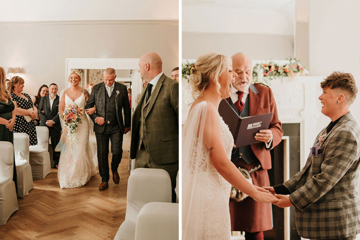 One image shows bride walking down the aisle with her father, the second shows two brides at top of the aisle