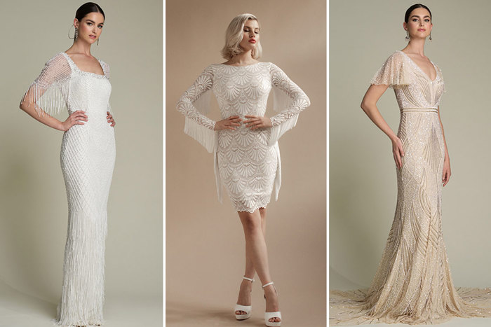 Three art deco inspired wedding dresses styled by three different models