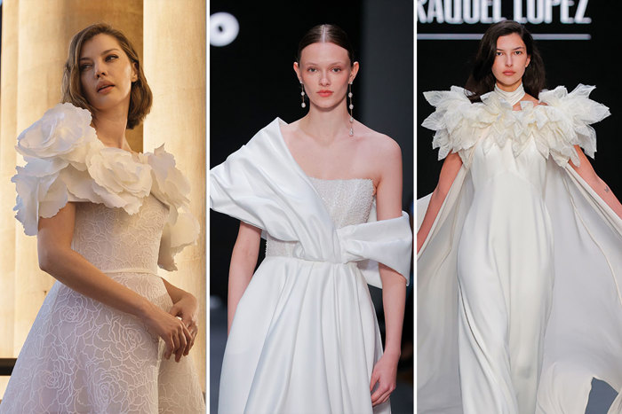 Three wedding dresses styled by three different models all featuring a dramatic neckline with 3D details 