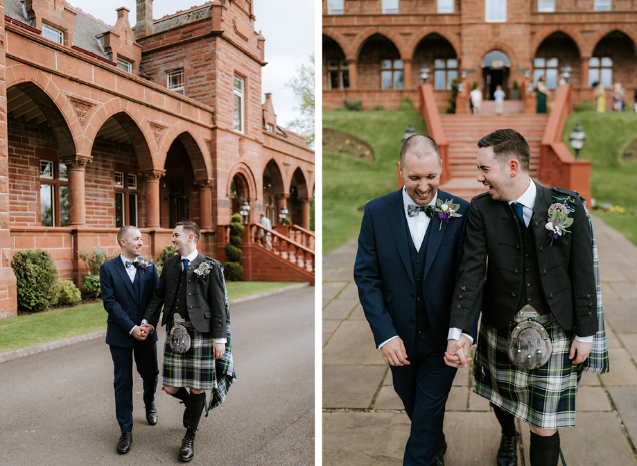 two grooms holding hands walking outside the red sandstone exterior of Boclair House