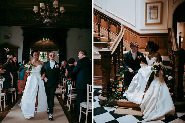 Couple walk up aisle and pose on stairs