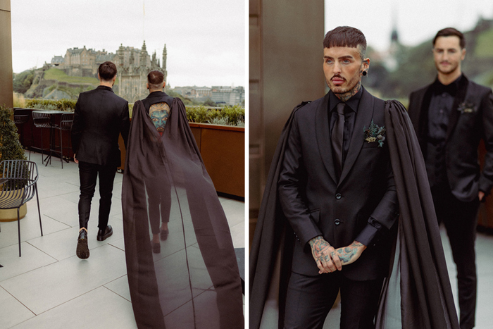  Two Grooms Wearing Black Wedding Portraits On Edinburgh Rooftop