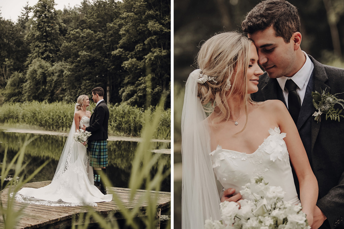 A Bride And Groom Posing On A Wooden Pier And Close Up