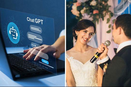 Stock image for ChatGPT and bride looking at groom while he gives a speech