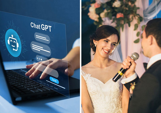 Stock image for ChatGPT and bride looking at groom while he gives a speech