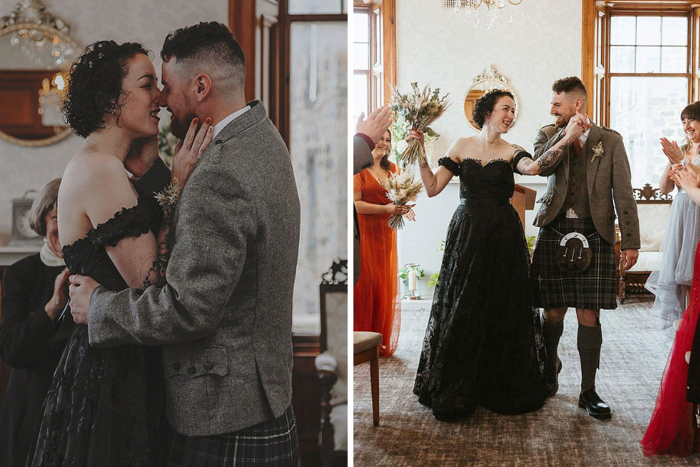 Couple kiss and cheer during their ceremony