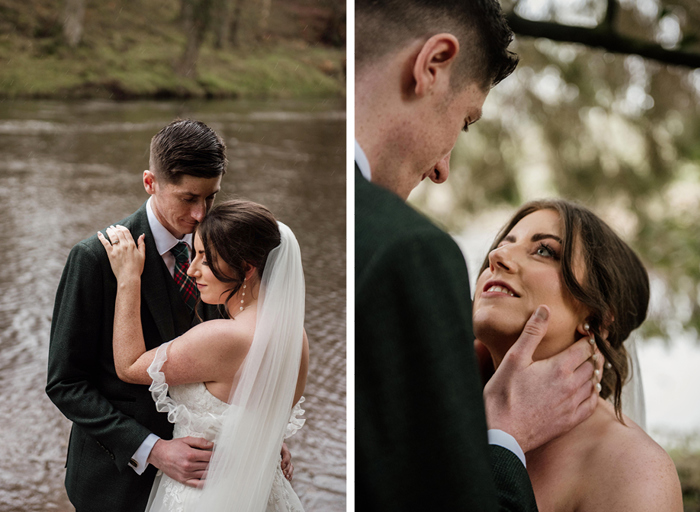 On the left a groom kisses the top of the bride's head standing in front of water, on the left the two look into ach other's eyes underneath a tree