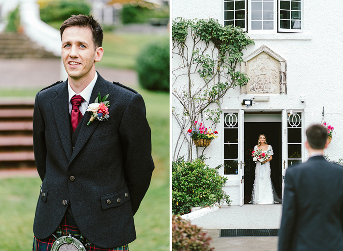 A first look between a bride and groom as the bride comes out of a doorway to the groom waiting outside