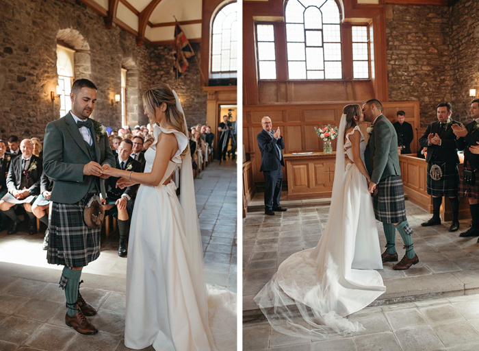 wedding ceremony of a bride and groom in a church 