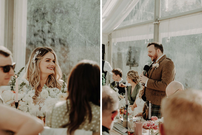 Bride smiles as groom delivers his wedding speech