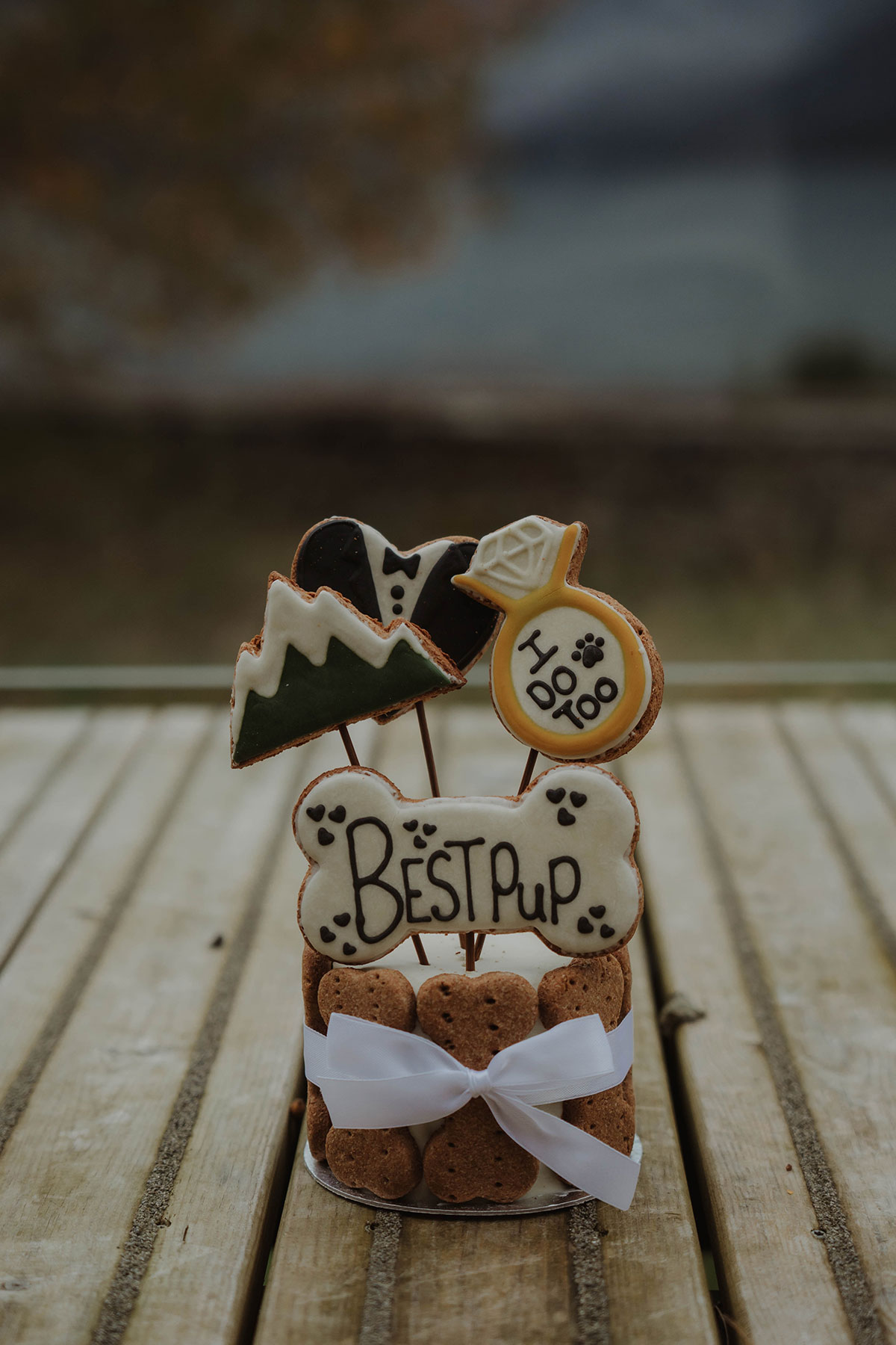 dog treats and biscuits styled into a cake