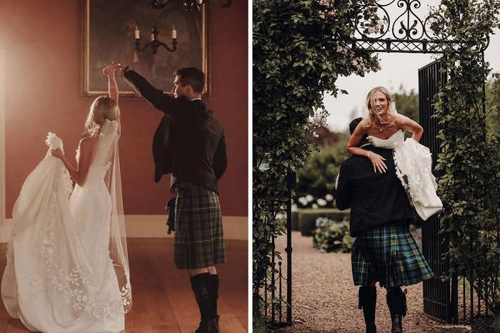 A Bride And Groom Dancing And A Groom Carrying A Bride Over His Shoulder Through A Wrought Iron Gate