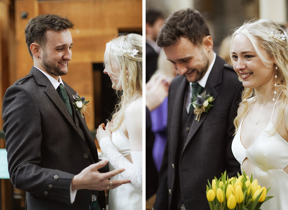 a smiling bride and groom at the end of wedding ceremony