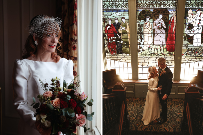 a bride standing with a rose bouquet on the left and a bride and groom standing in front of stained glass windows on the right 