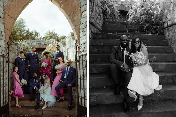 A Wedding Group Portrait And Bride And Groom Sitting On Stairs